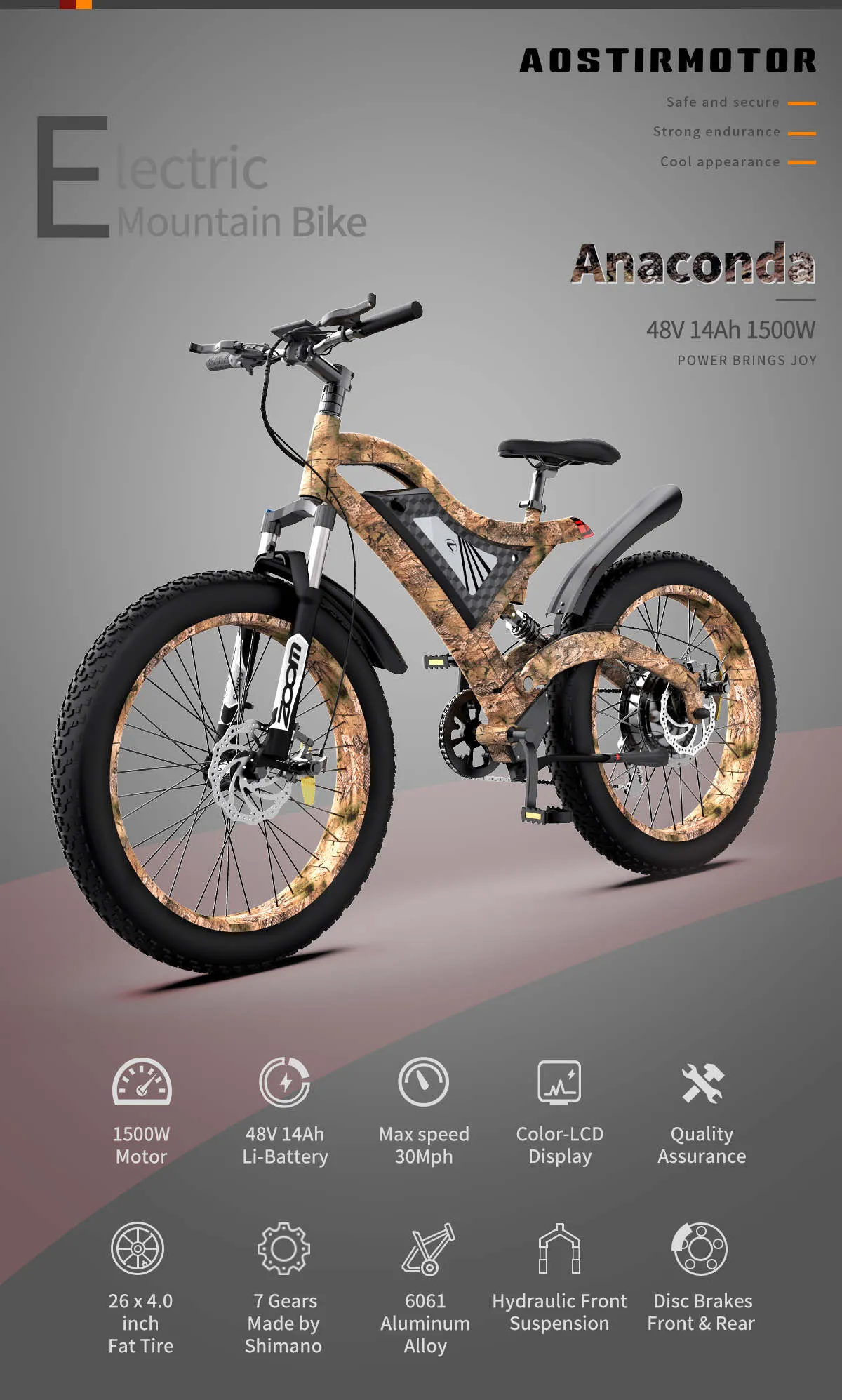 AostirMotor S18 1500W Electric Bike Snakeskin Grain