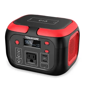 Tomahawk Portable Power Station, 155Wh 200W 4-Port Backup Lithium Battery, AC DC Outlet, 60W USB-C USB-A Pure Sine Wave Outlet, Digital, LED Light for Outdoor Camping, RV